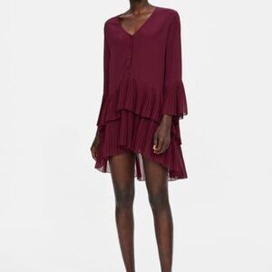 Zara Woman Contrasting Pleated Tunic Dress Burgundy Size S Bell Sleeves V Neck